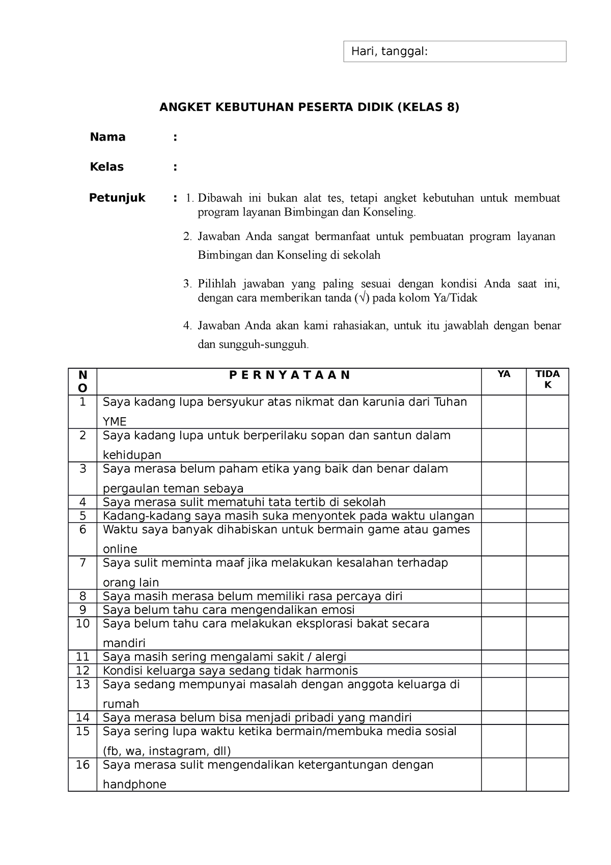 Angket Kebutuhan Peserta Didik Kelas 8 - ANGKET KEBUTUHAN PESERTA DIDIK ...