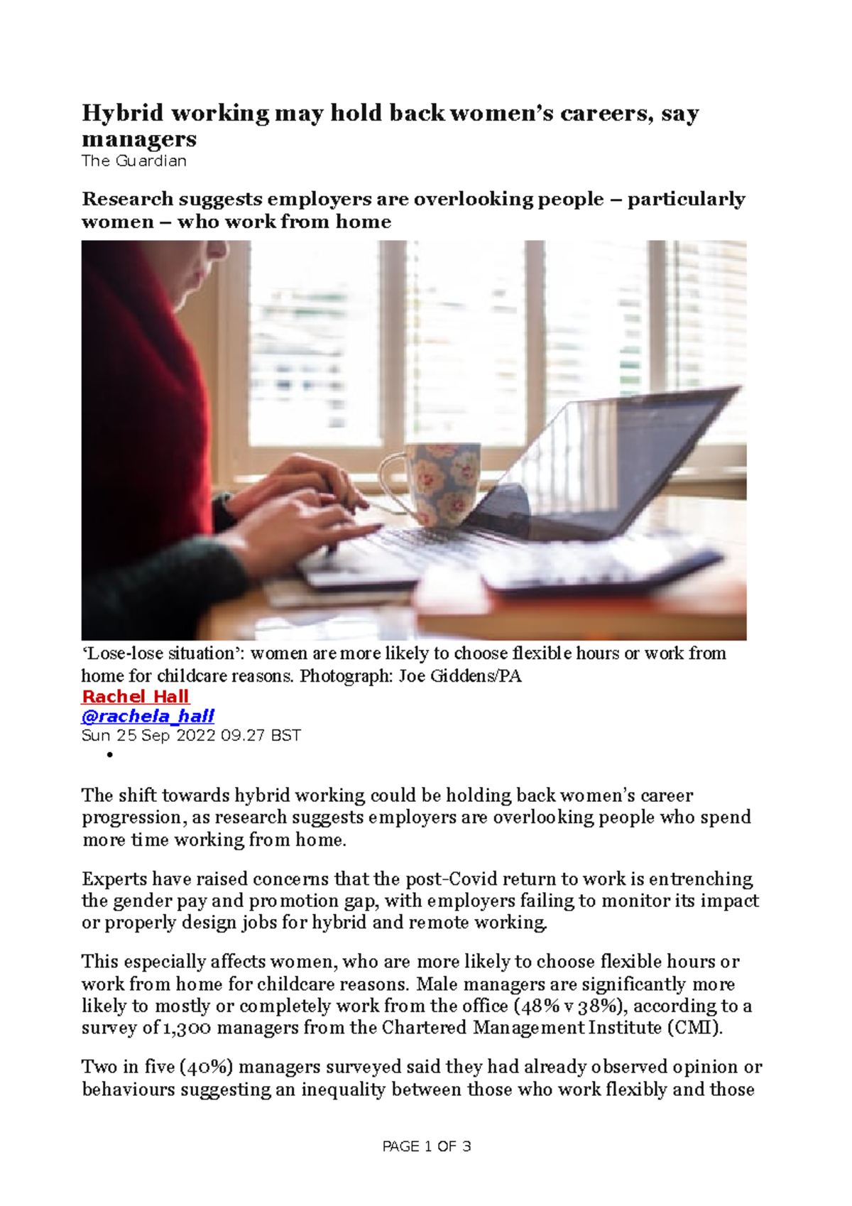 Exam case study Hybrid working may hold back women’s careers, say