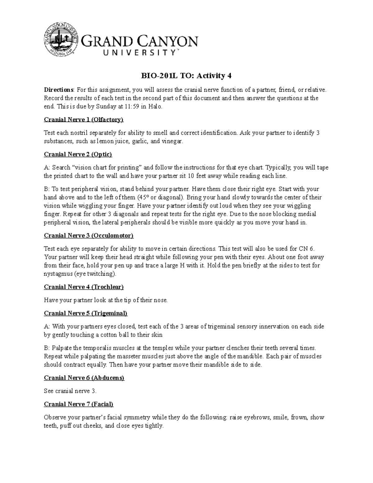 BIO201LTO Activity 4 BIO201L TO Activity 4 Directions For this