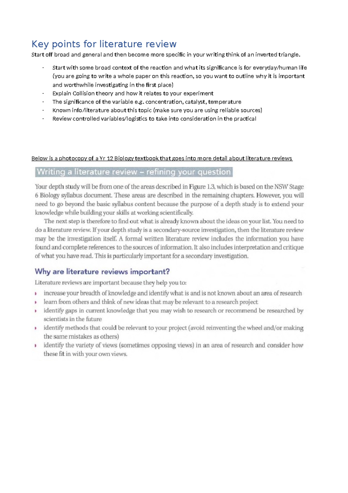 Literature review info - Key points for literature review Start off ...
