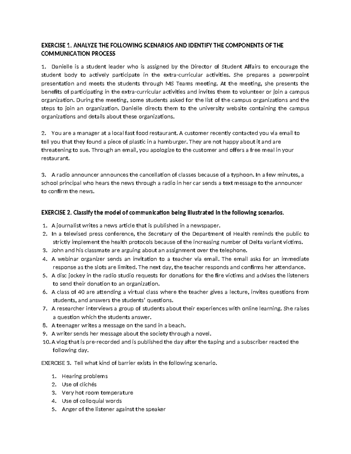 Purcom Lesson 1 Exercises - EXERCISE 1. ANALYZE THE FOLLOWING SCENARIOS ...