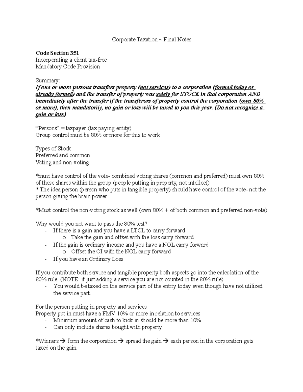Final Notes - Corporate Taxation ~ Final Notes Code Section 351 ...
