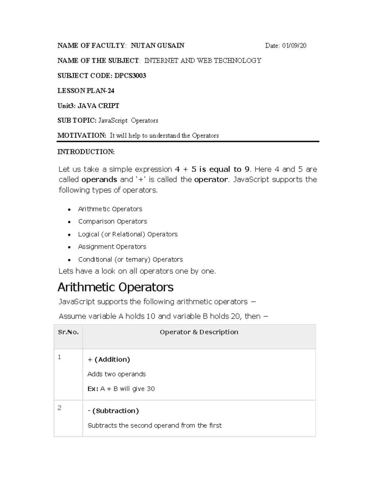 3.3 Operators - Lecture notes INTERNET & WEB TECHNOLODGY NOTES - NAME ...