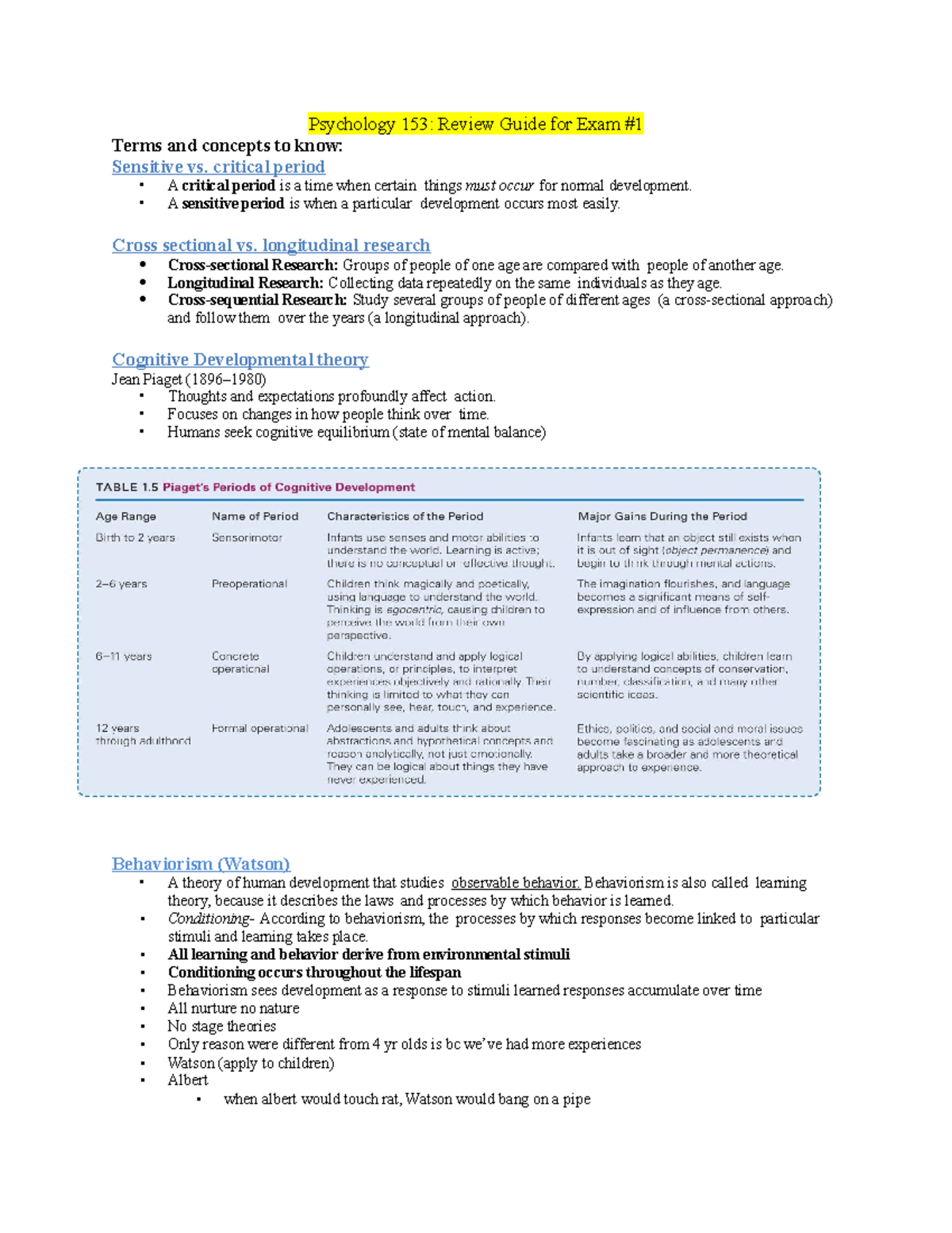 Lifespan Exam 1 Review Guide Psychology 153 Review Guide for Exam