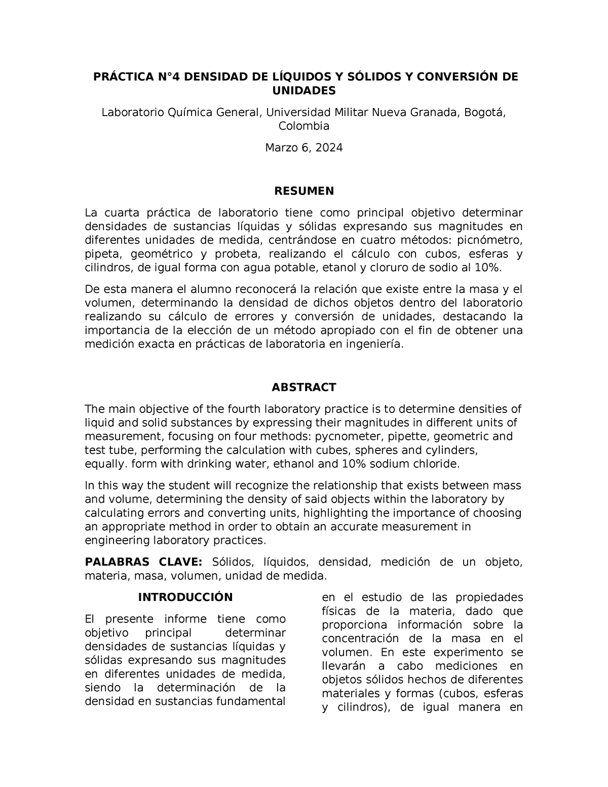 Informe De Laboratorio 4 Quimica Subir PrÁctica N°4 Densidad De