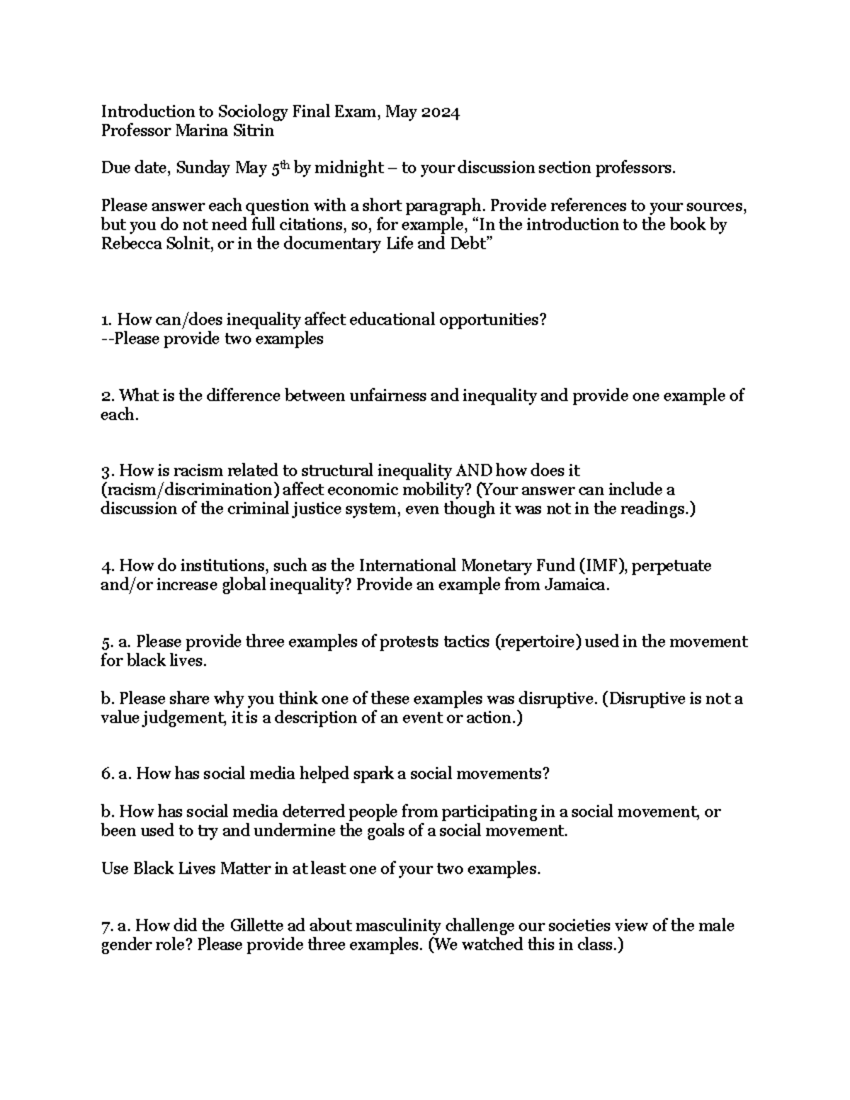 introduction to sociology final exam essay questions