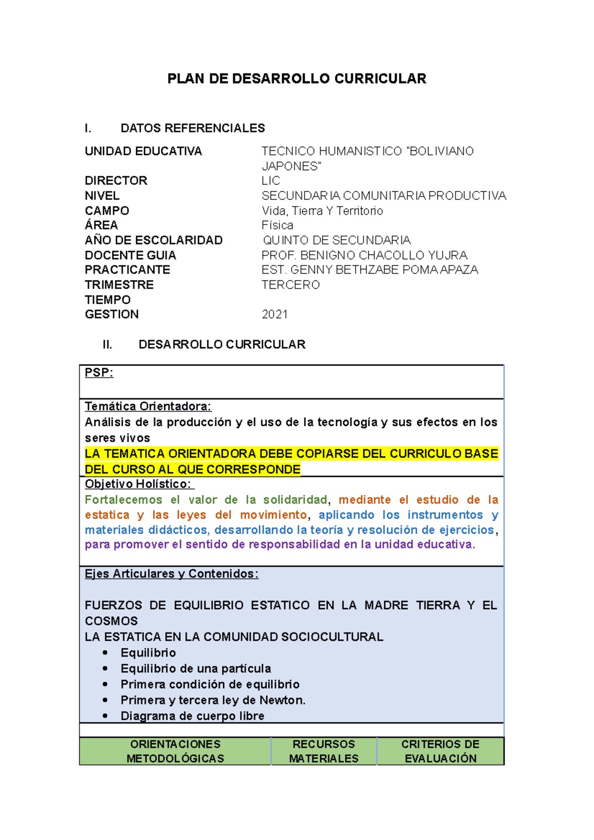 PDC Estatica Corregido - PLAN DE DESARROLLO CURRICULAR I. DATOS ...