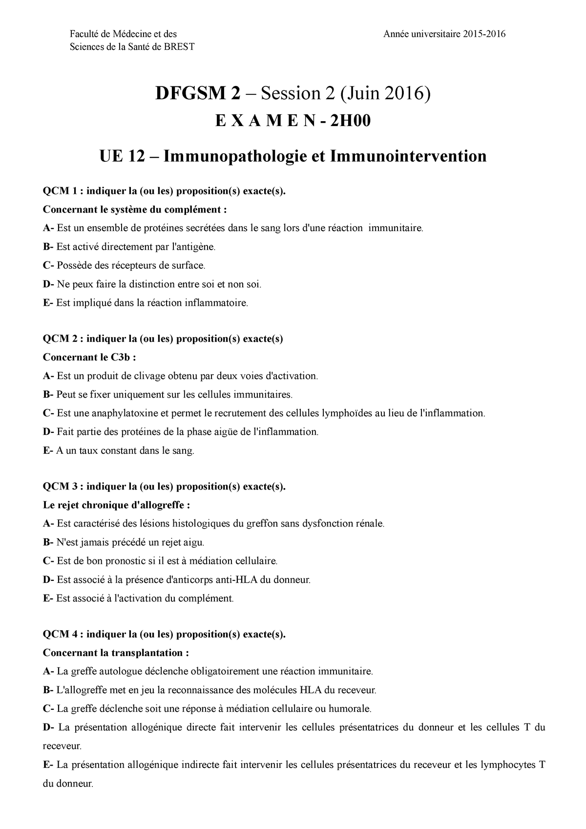 Examen Juin 2016 Questions Et Reponses Studocu