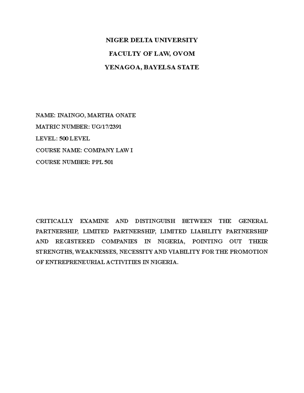 Company LAW Assignment - NIGER DELTA UNIVERSITY FACULTY OF LAW, OVOM ...