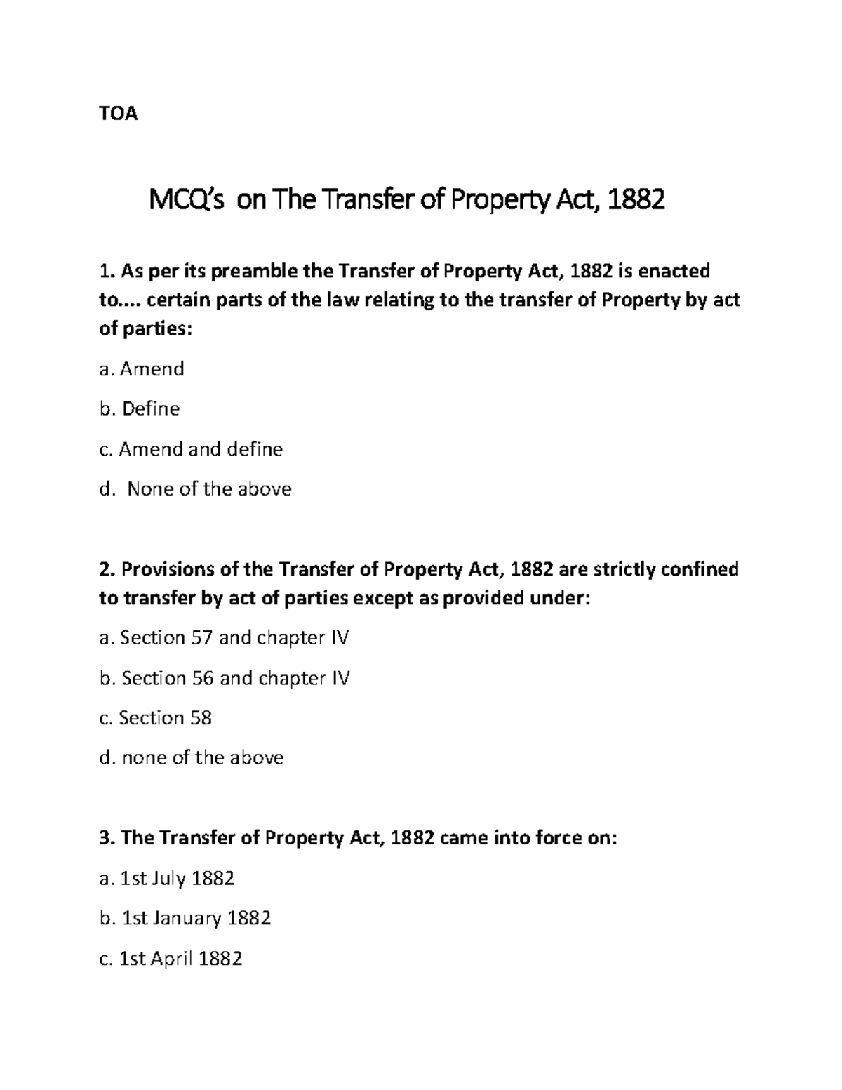MCQs on Transfer of Property Act 92cc4b9ef4244d2f9cc340336 a13fcd3 TOA MCQ’s on The