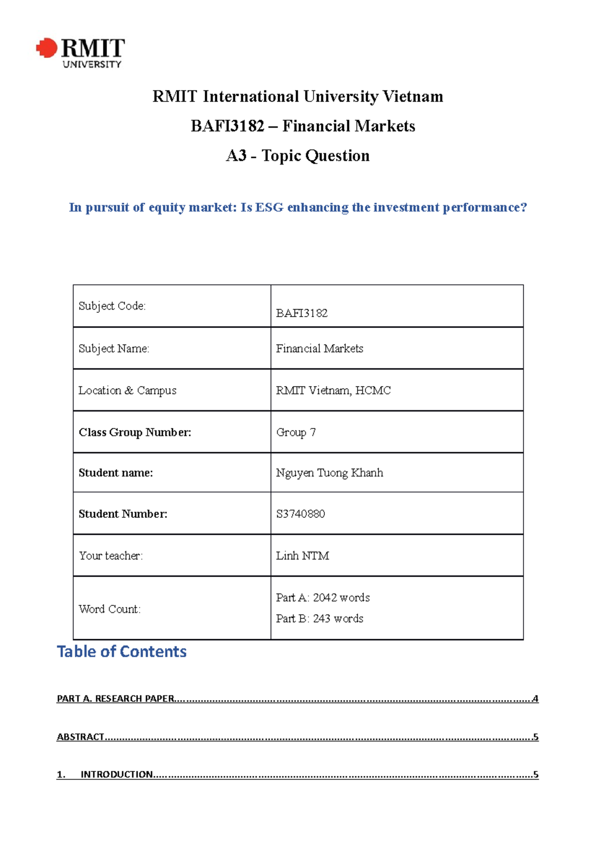 Assignment 3 - Indiviual Research Project 50% - RMIT International ...