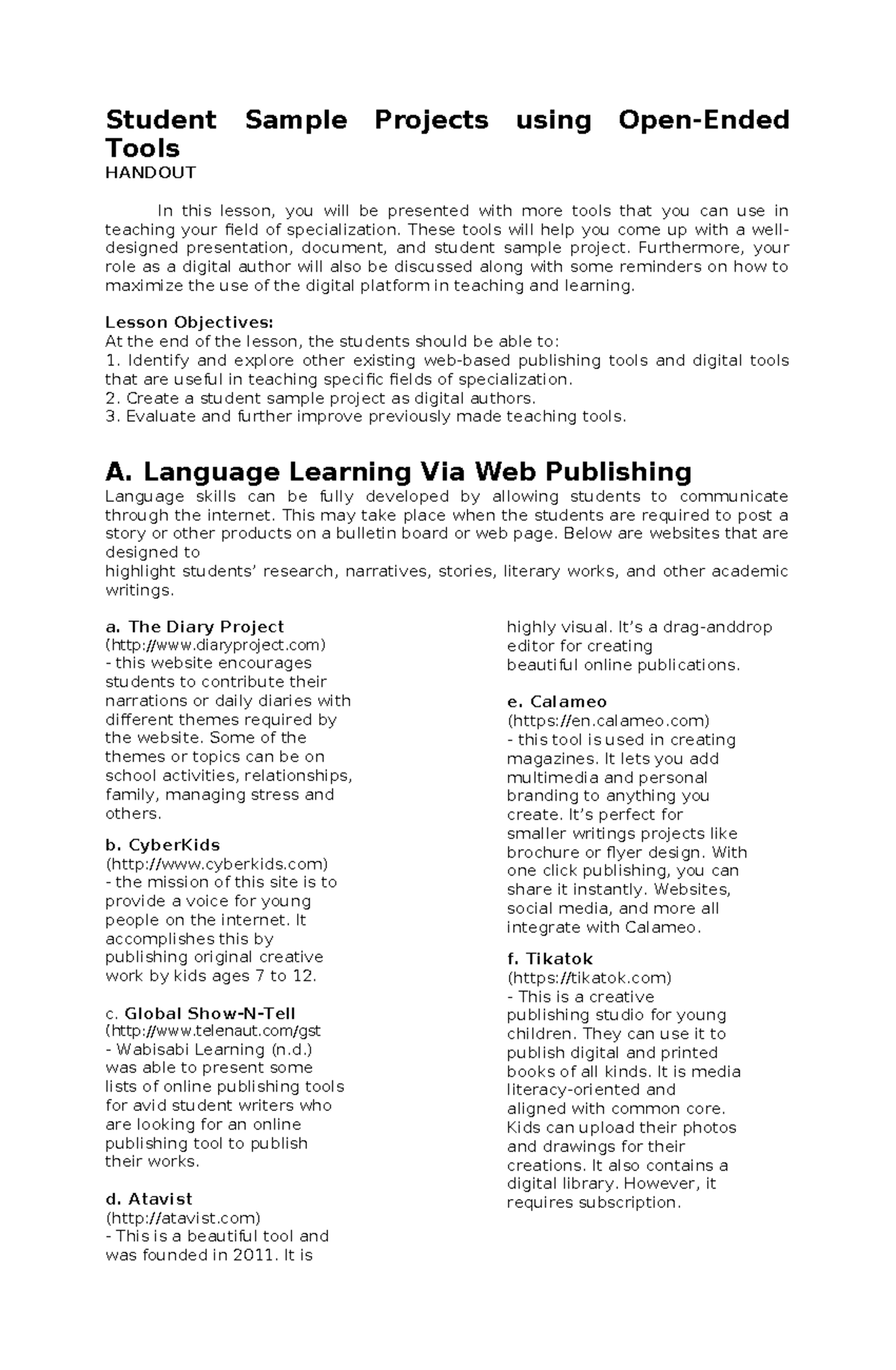Student Sample Projects using Open Ended Tools (HAND-OUT) - Student ...