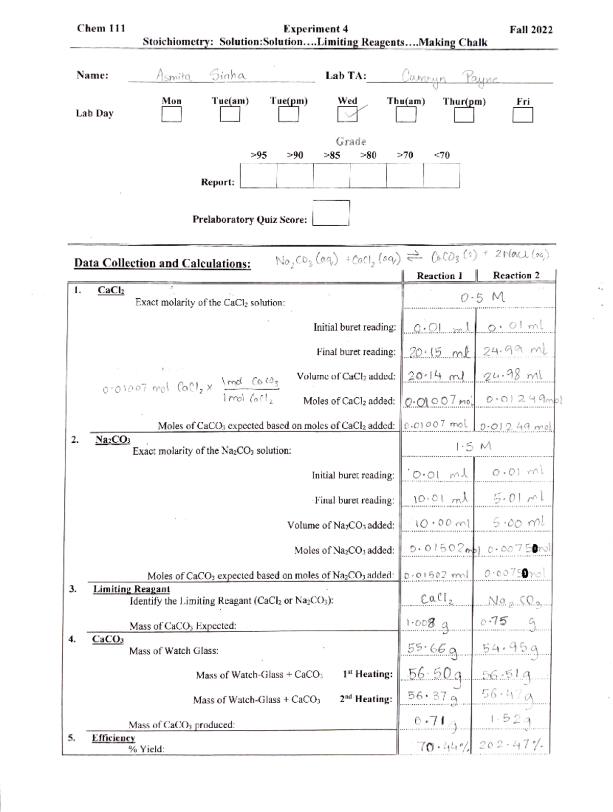 Chem 111 Exp 4 - Professor: Haoze He - Chem 111 Experiment 4 ...