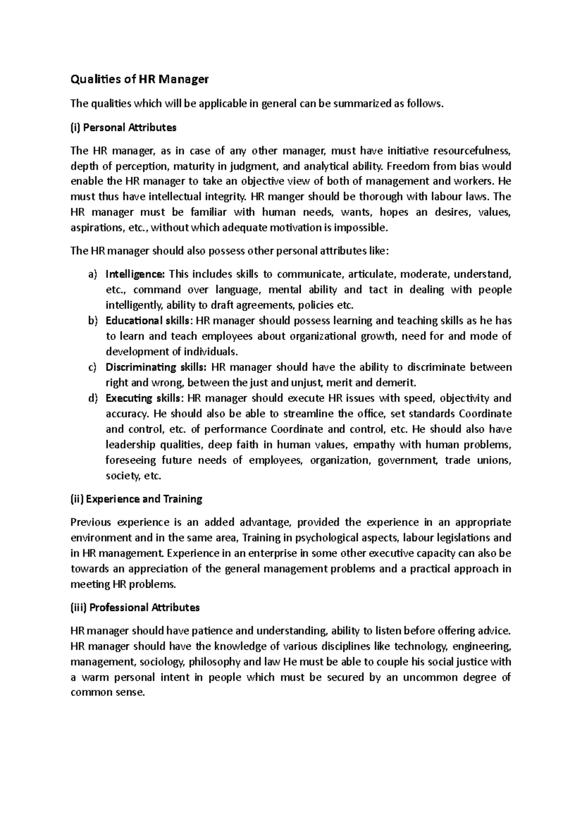 Qualities Of Hr Manager I Personal Attributes The Hr Manager As In Qualities Of Hr Manager I Personal Attributes The Hr Manager As In