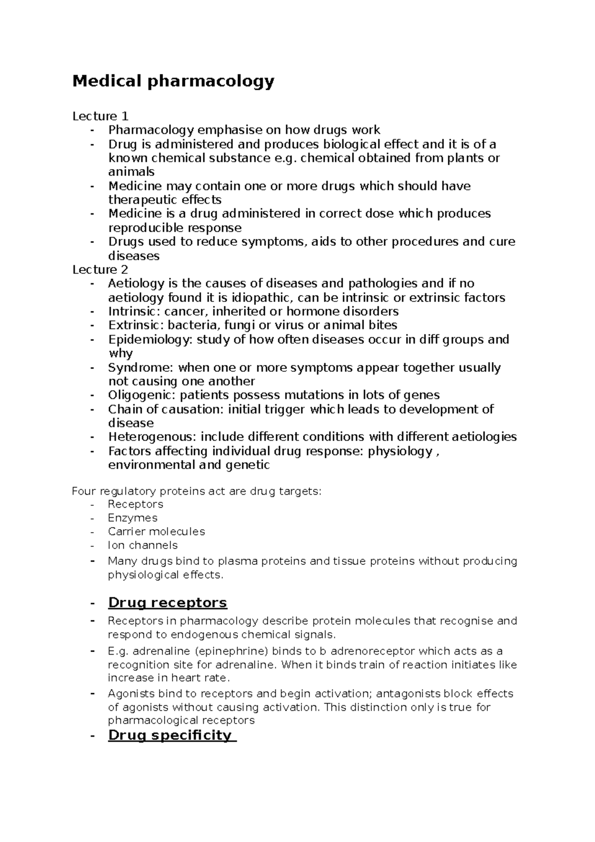 Pharmacology TERM ONE - Lecture notes Term one - Medical pharmacology ...