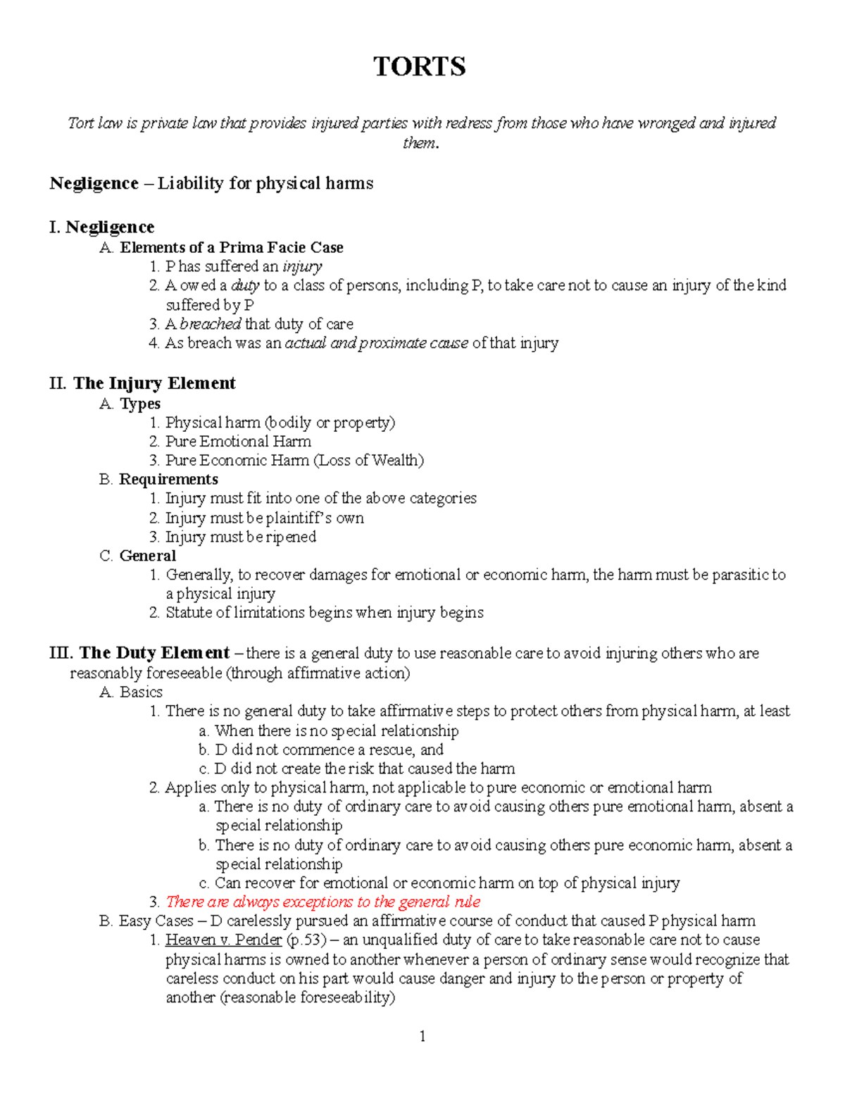 Torts Law Outline - 1 - TORTS Tort Law Is Private Law That Provides ...