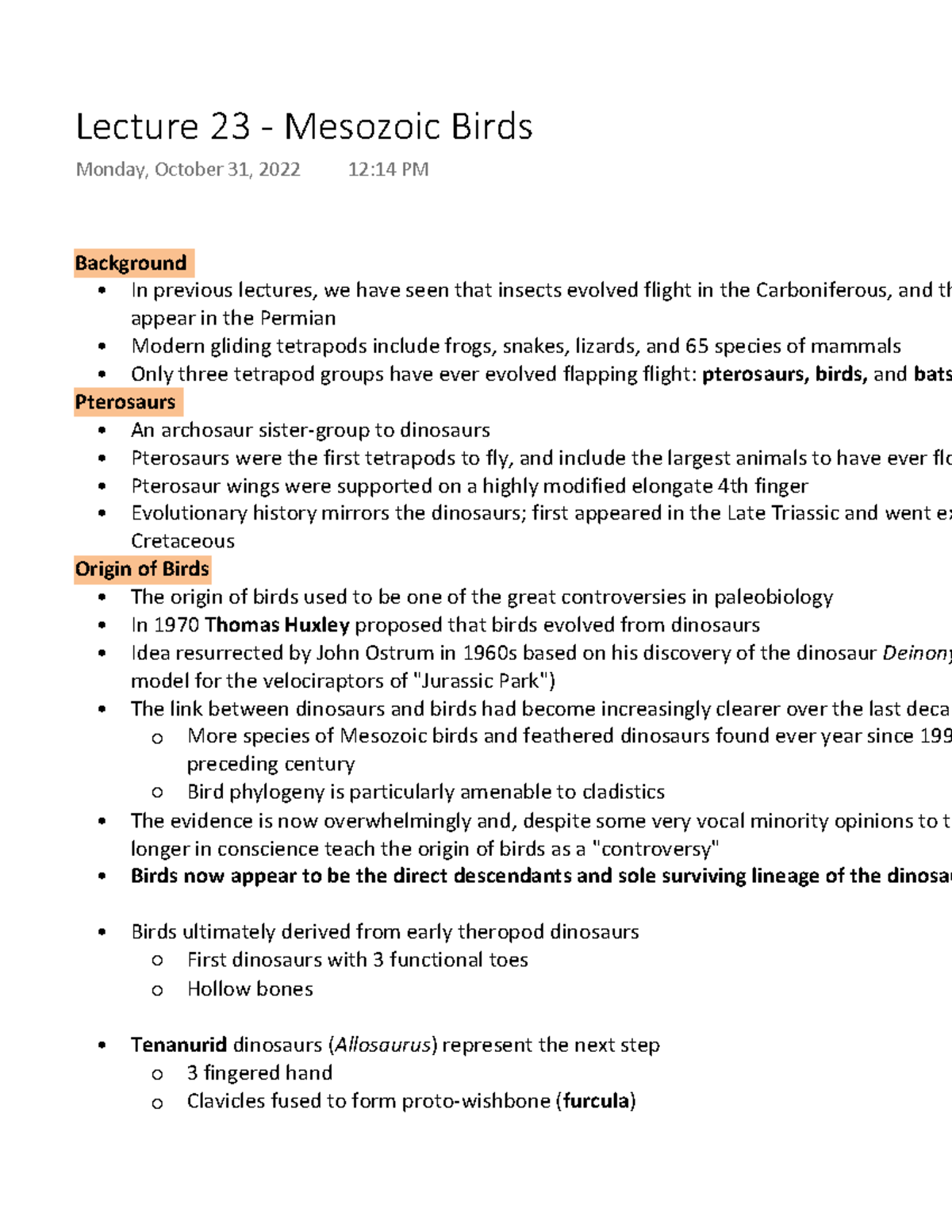 Lecture 23 - Mesozoic Birds - Background In previous lectures, we have ...