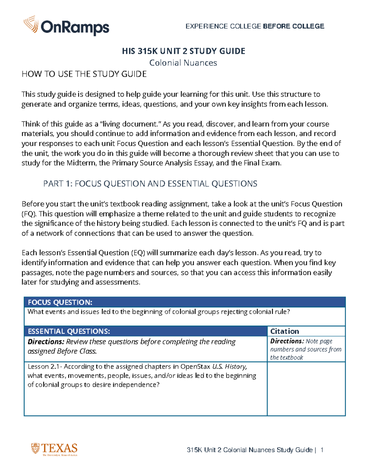 Study guide 1 and 2 - HIS 315K UNIT 2 STUDY GUIDE Colonial Nuances HOW ...
