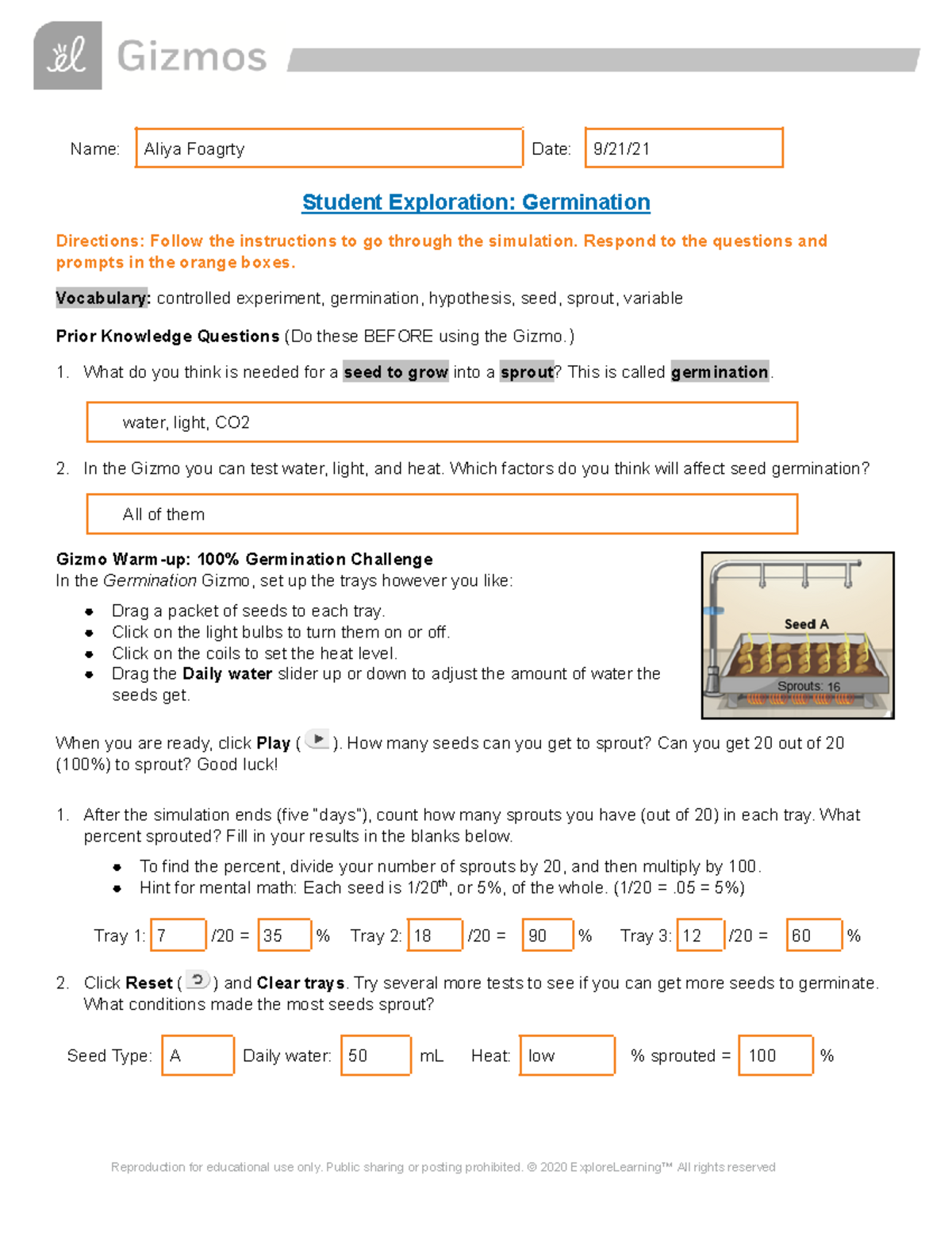 Gizmo Germination (Variables) Name Aliya Foagrty Date 9/21