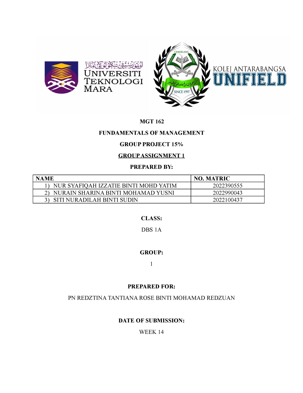 Group 1 MGT 15% - Take Note - MGT 162 FUNDAMENTALS OF MANAGEMENT GROUP ...