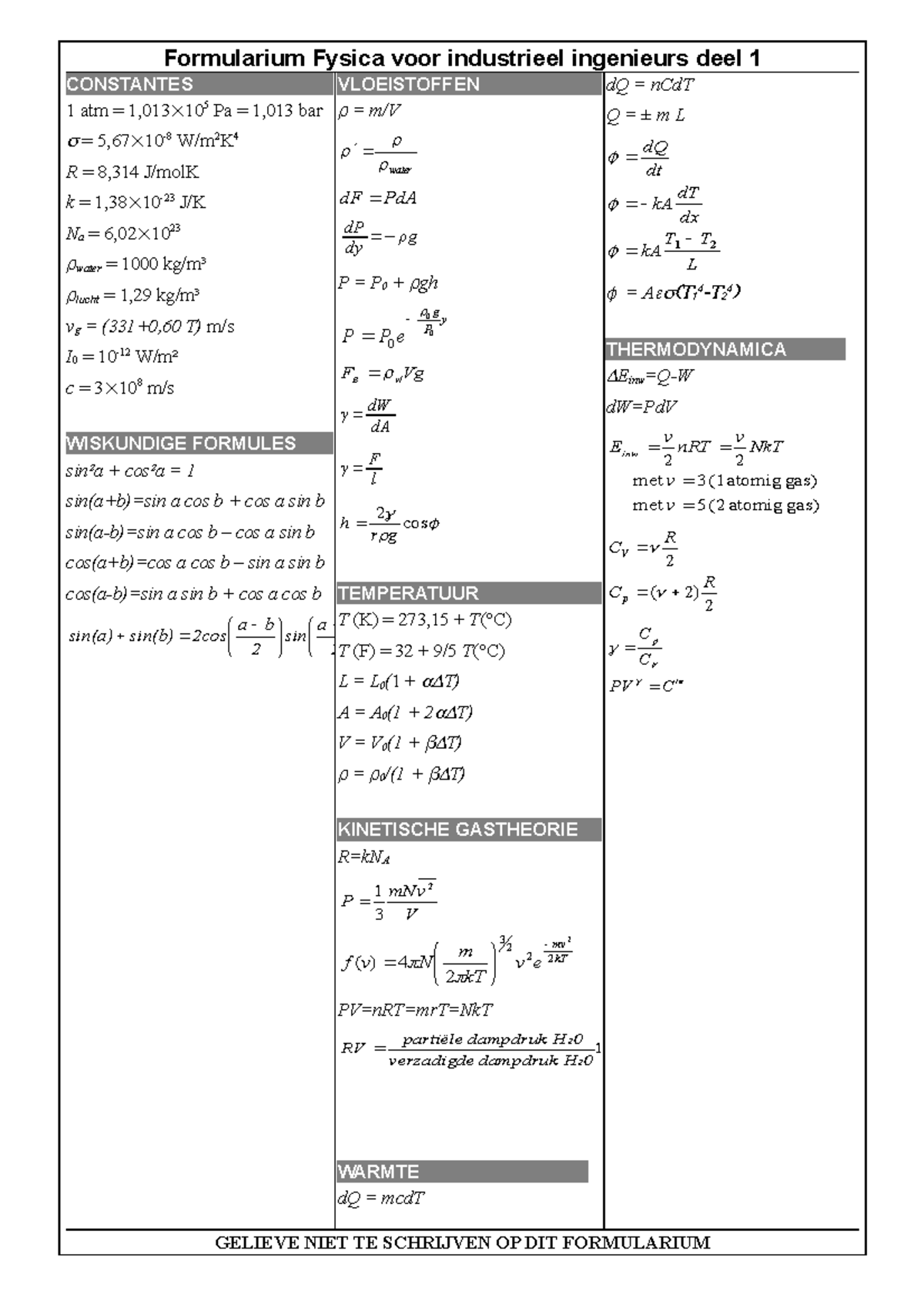 FYS1 formularium - Formularium Fysica voor industrieel ingenieurs deel ...