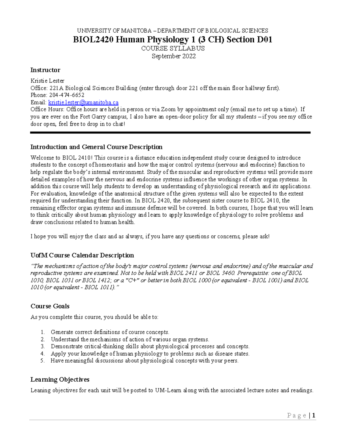 BIOL2410 D01 Syllabus Fall 2022 - UNIVERSITY OF MANITOBA 3 DEPARTMENT ...