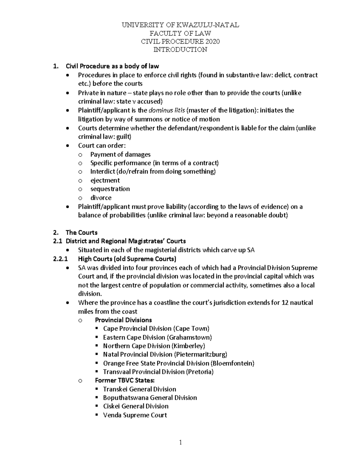Course Notes - Civil Procedure - FACULTY OF LAW CIVIL PROCEDURE 2020 ...
