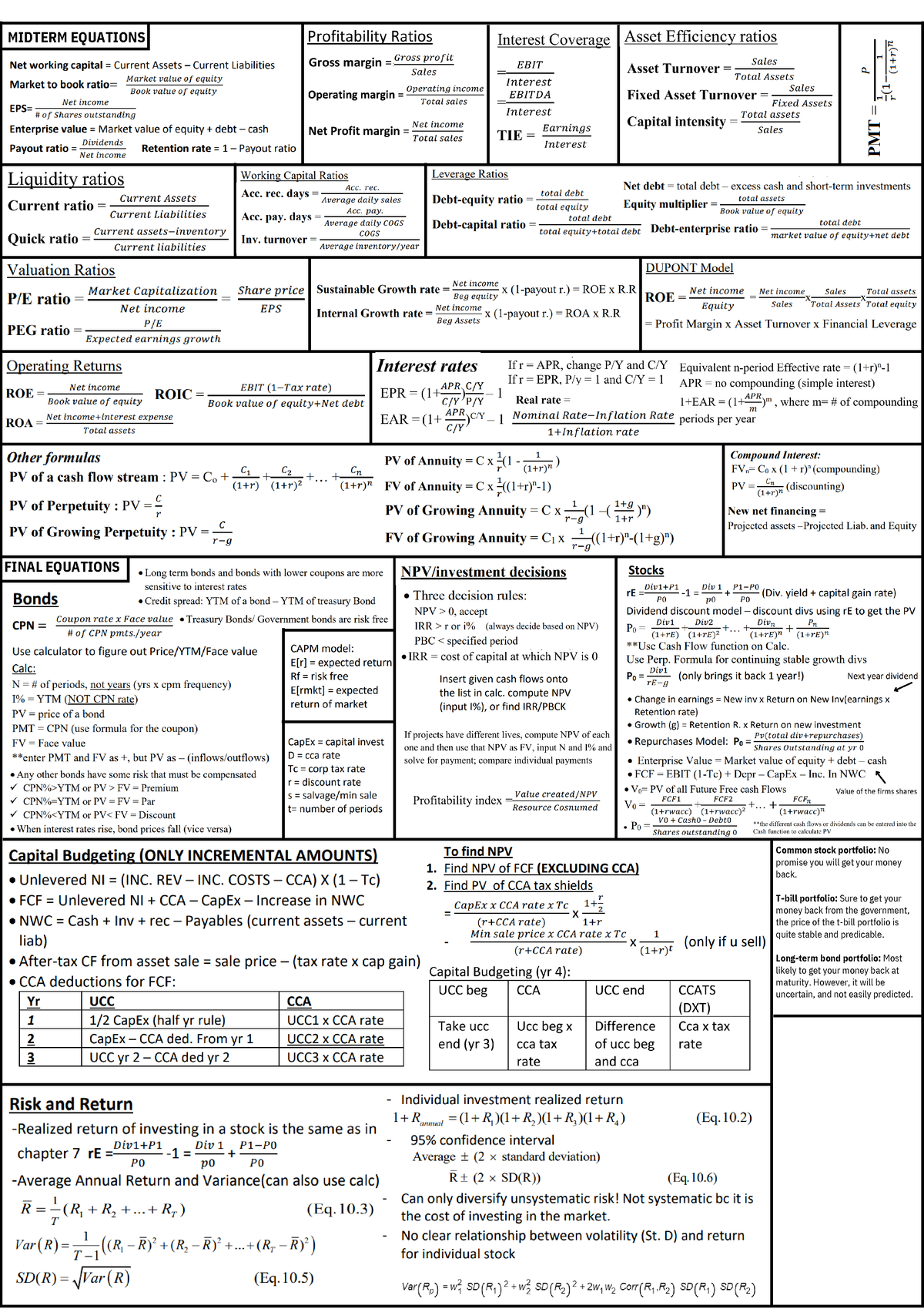 FIN300 Final Cheat Sheet - MIDTERM EQUATIONS FINAL EQUATIONS Common ...