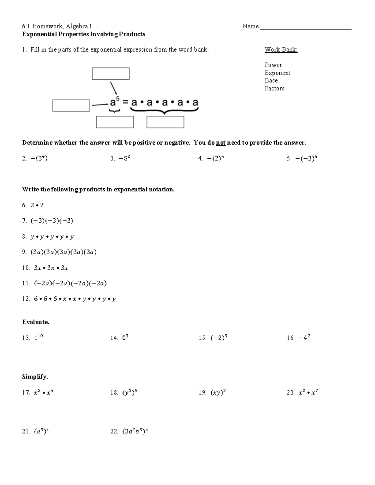 dsdskdkadakmkdakdmakd - 6 Homework, Algebra 1 Name ...