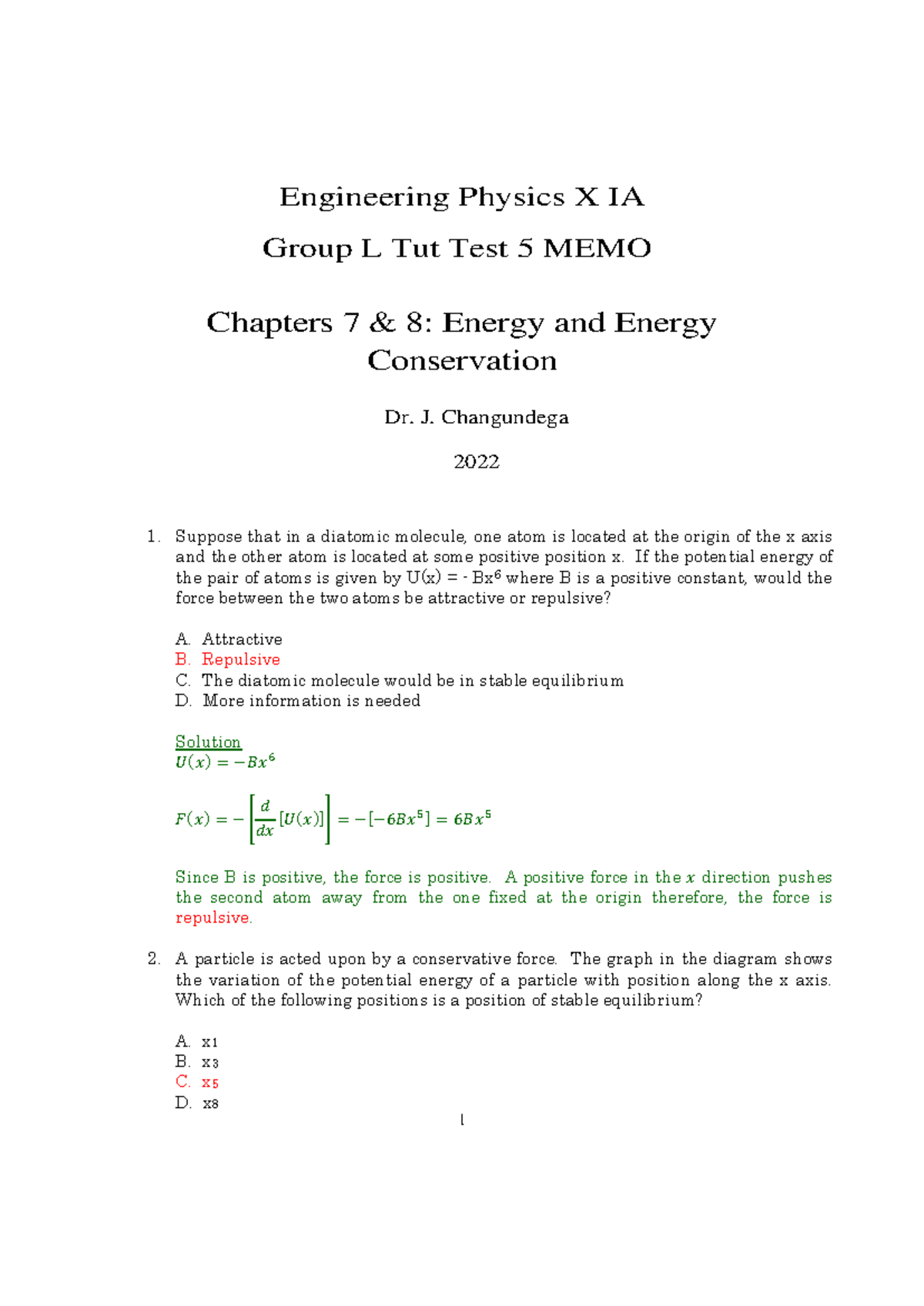 Tut Test 5 MEMO - Chapters 7 and 8 - Energy and Energy Conservation ...