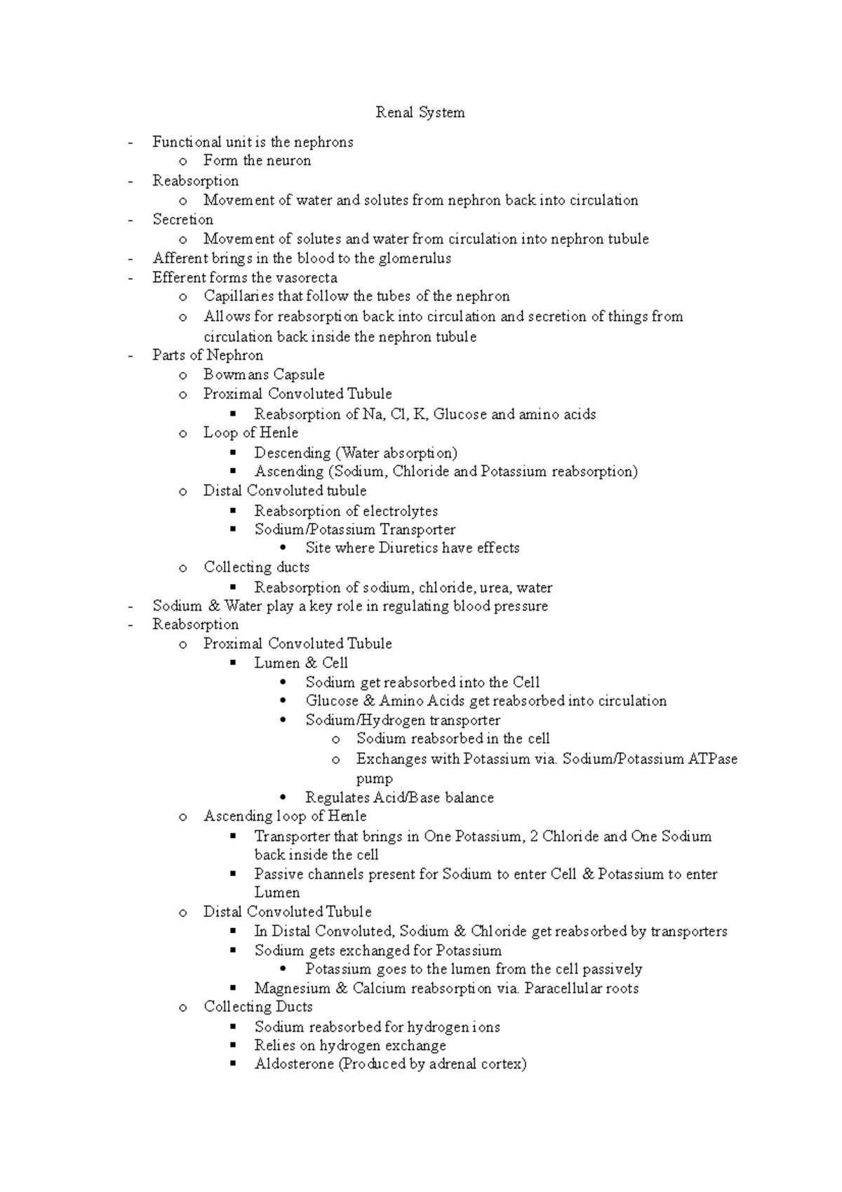 Renal System - Lecture notes 12 - Renal System Functional unit is the ...