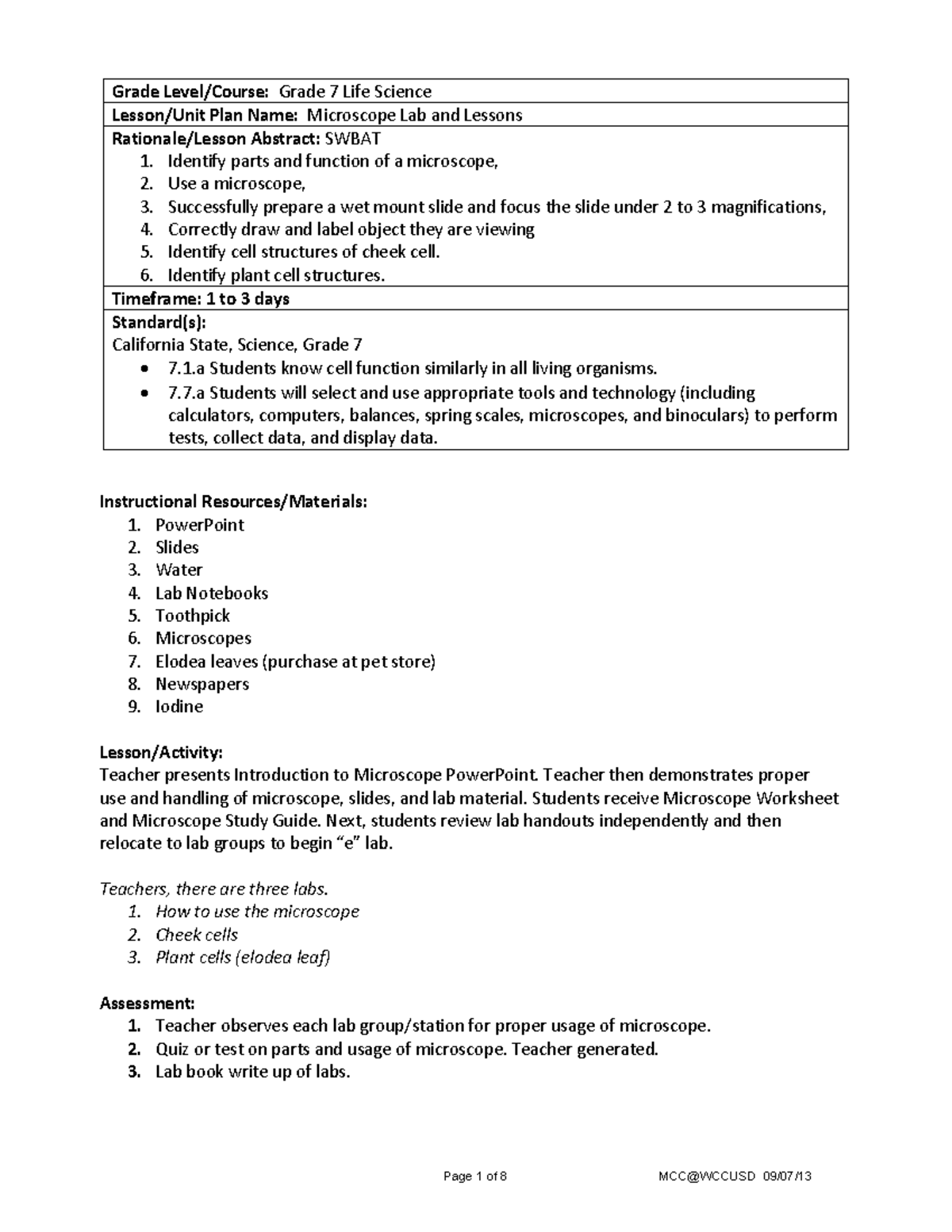 Microscope Lesson Labs - Grade Level/Course: Grade 7 Life Science ...