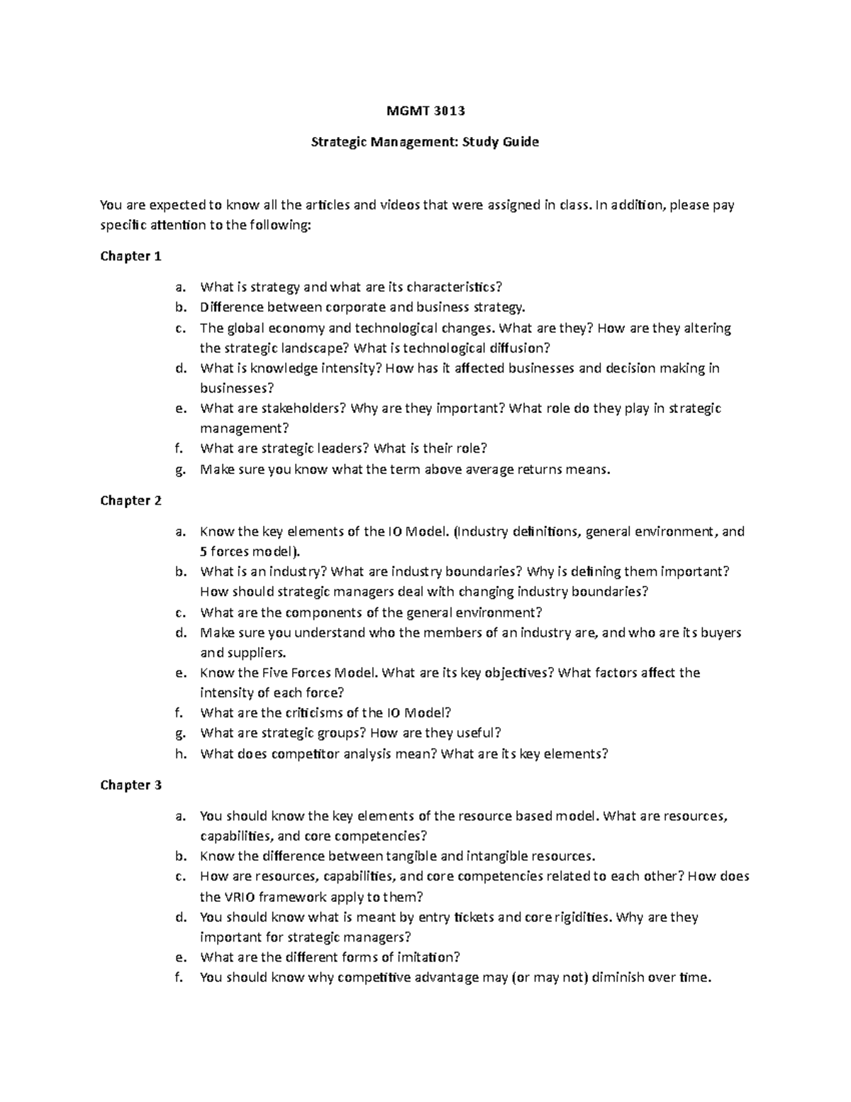 Exam 1 Study Guide MGMT - MGMT 3013H - UArk - Studocu