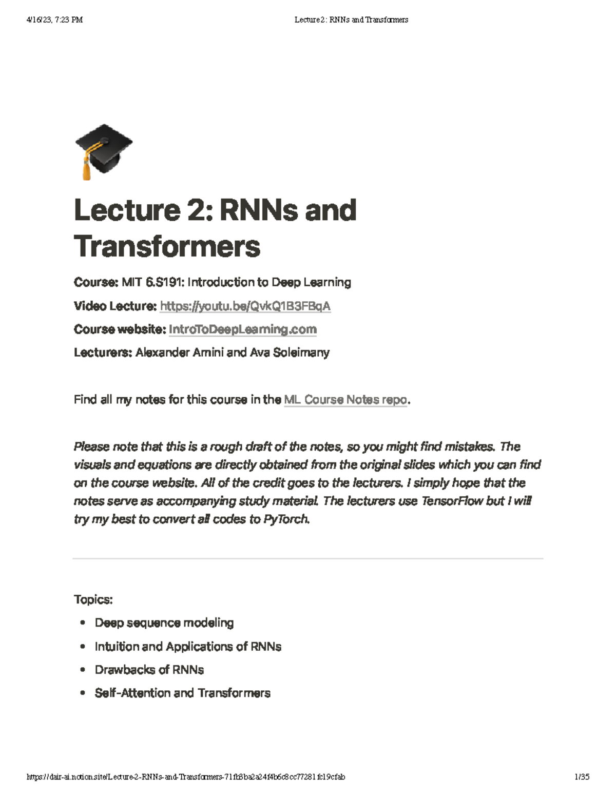 Lecture 2 RNNs and Transformers - Lecture 2: RNNs and Transformers ÿ ...