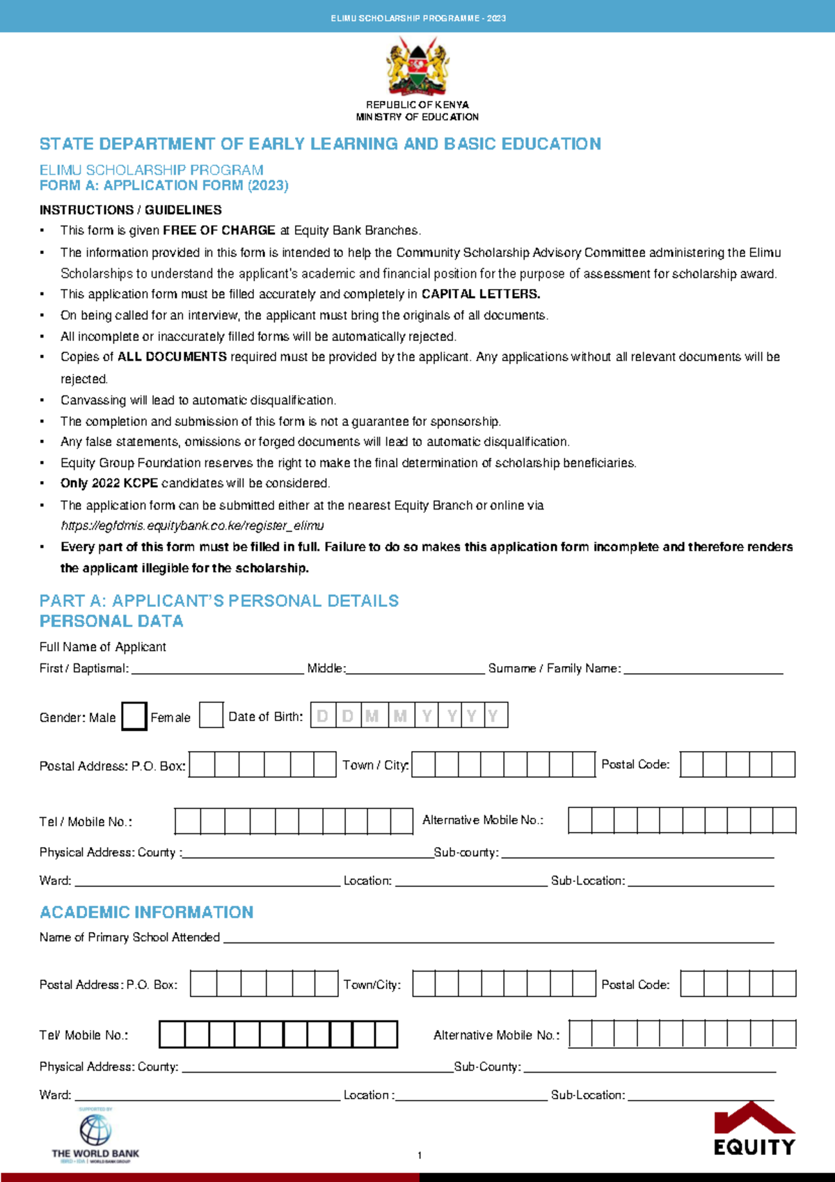 Elimu Scholarship Application Form 23 - REPUBLIC OF KENYA MINISTRY OF ...