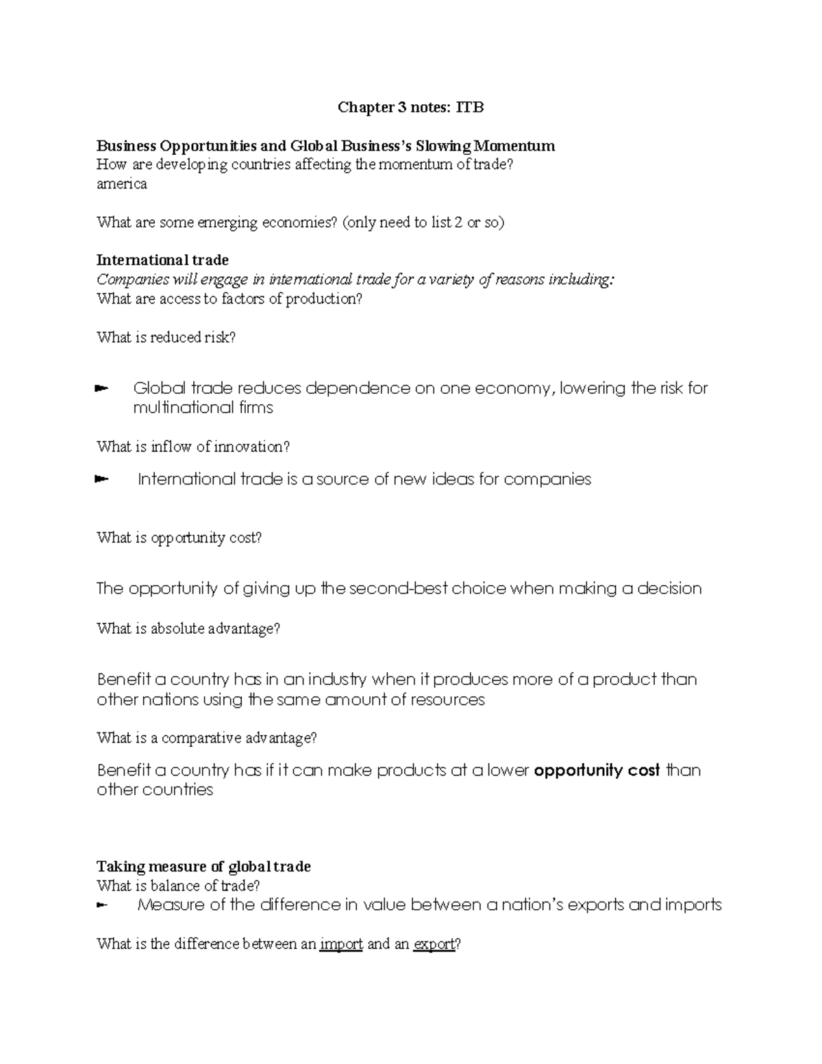 Chapter 3 Notes Sheet BUSED 101 - Chapter 3 Notes: ITB Business ...