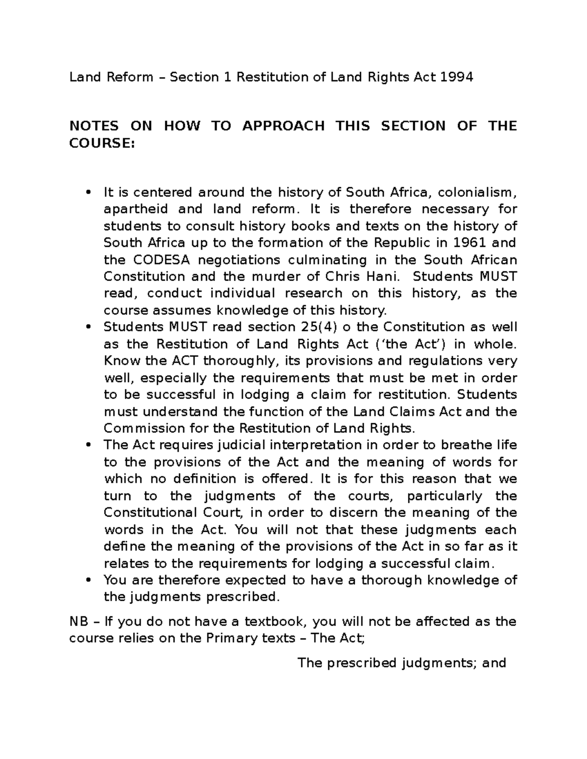 Lecture 5 Land Restitution Property law Land Reform Section 1