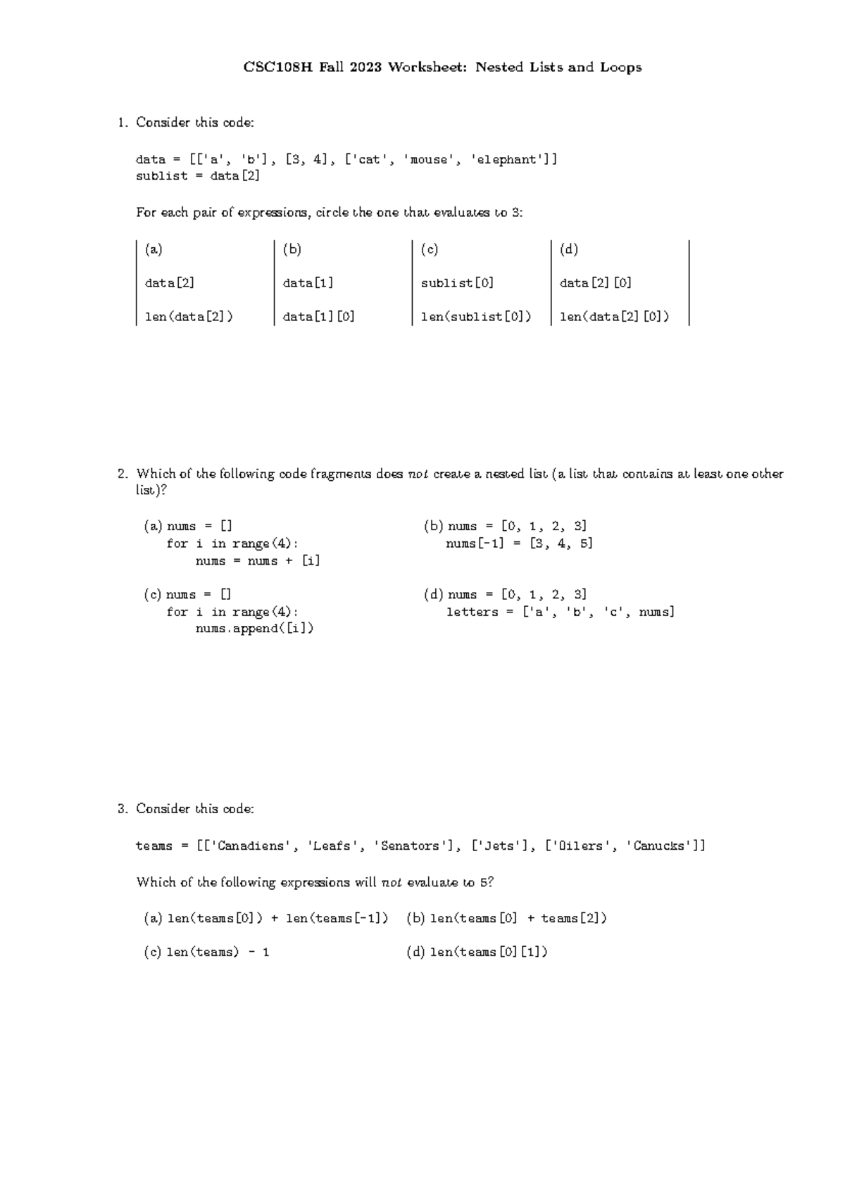 Nested lists worksheet - CSC108H Fall 2023 Worksheet: Nested Lists and ...
