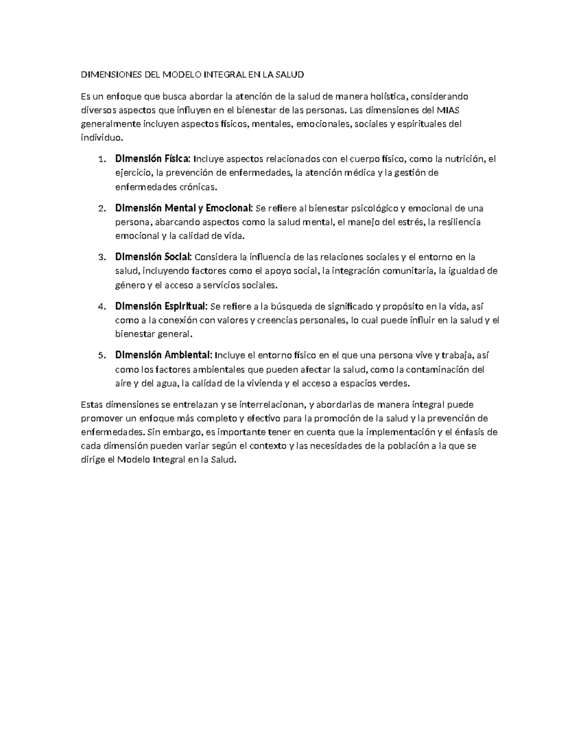 Dimensiones DEL Modelo Integral EN LA Salud - DIMENSIONES DEL MODELO ...