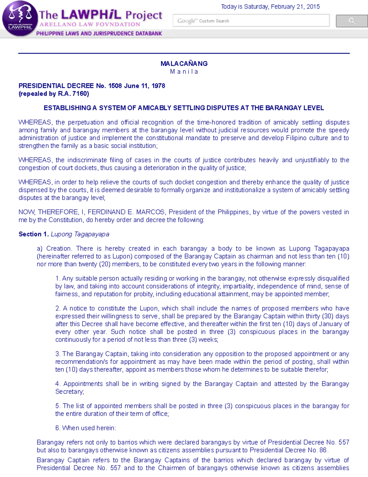Pd 1508 1978 - aaa - Today is Saturday, February 21, 2015 MALACAÑANG M ...