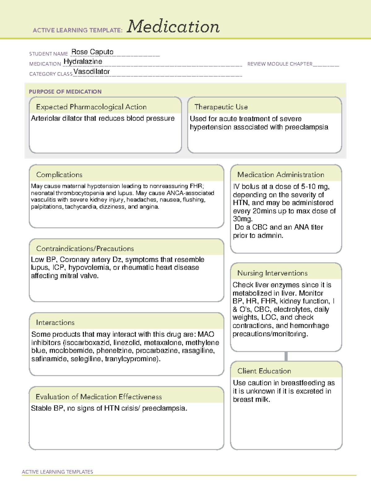 Med card #11 hydralazine - NURS 307 - EMU - Studocu