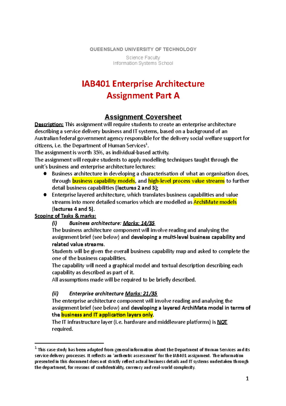 IAB401-Assessment Part A Specification - 1 QUEENSLAND UNIVERSITY OF ...