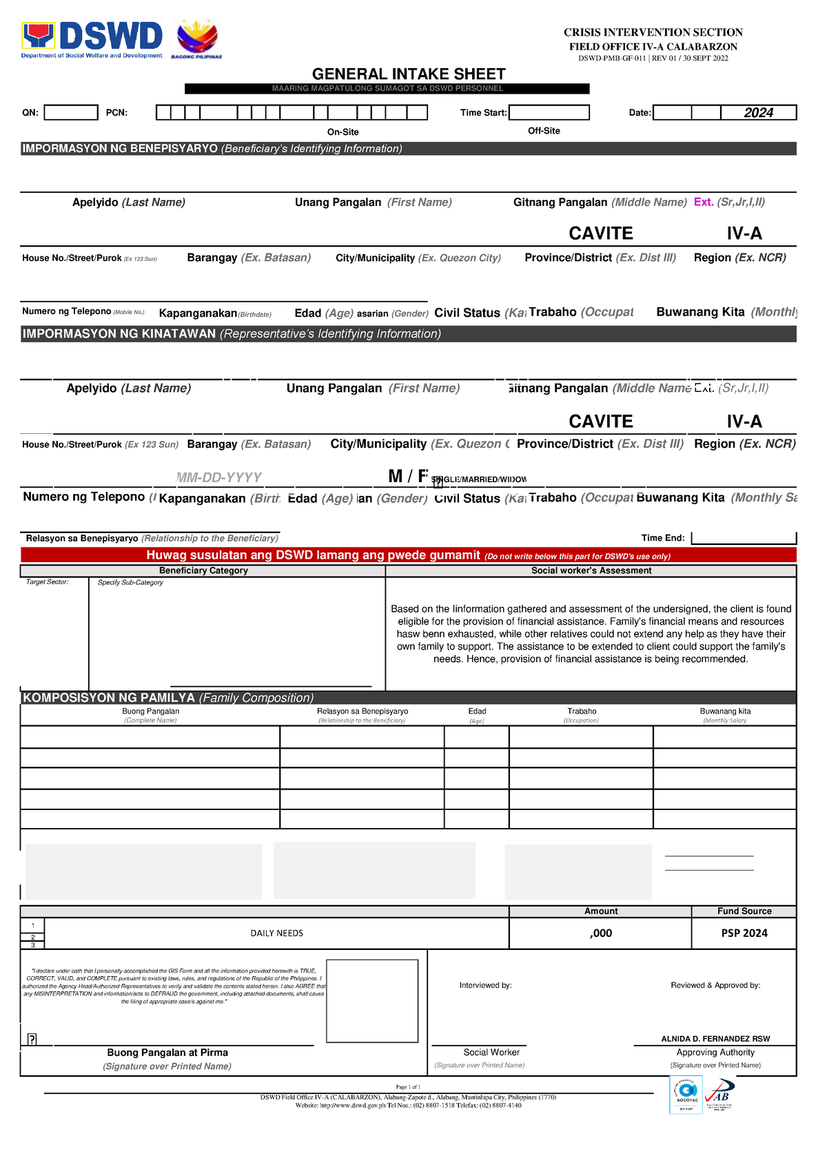 GIS FORM - FOR GIS FORM - QN: PCN: Time Start: Date: 2024 Off-Site ...