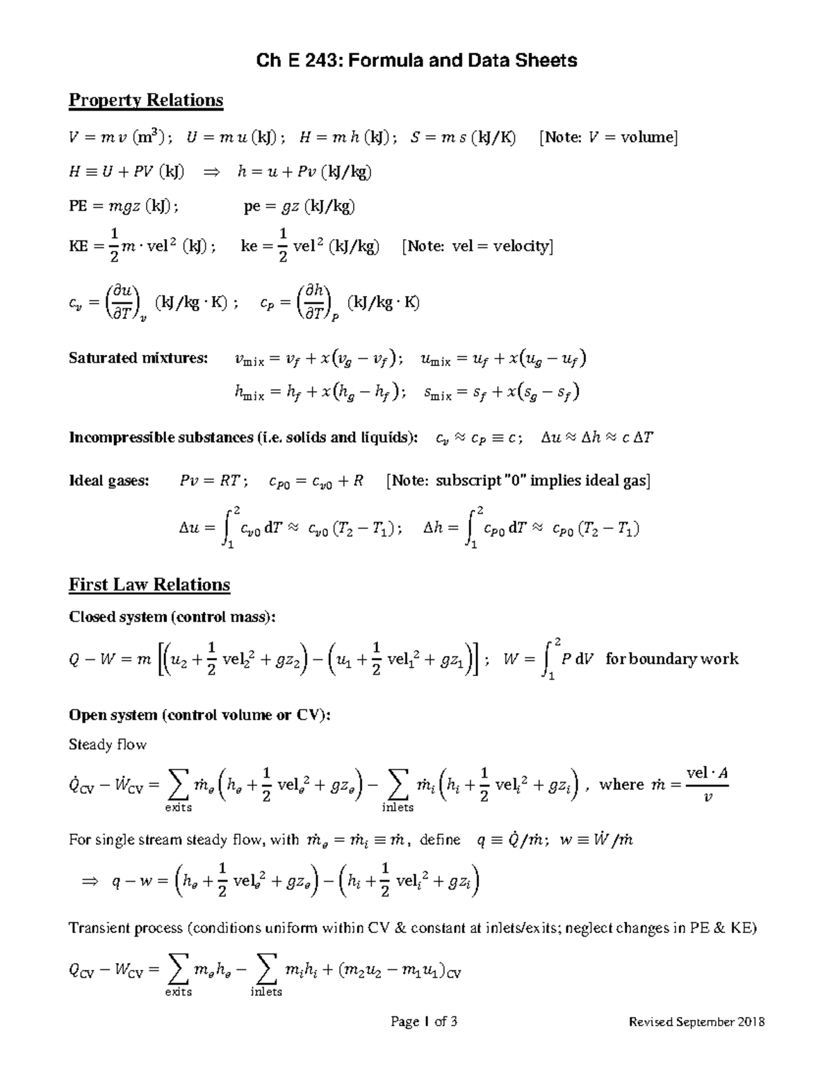 Formula Sheet - Page 1 of 3 Revised September 2018 Ch E 243: Formula ...