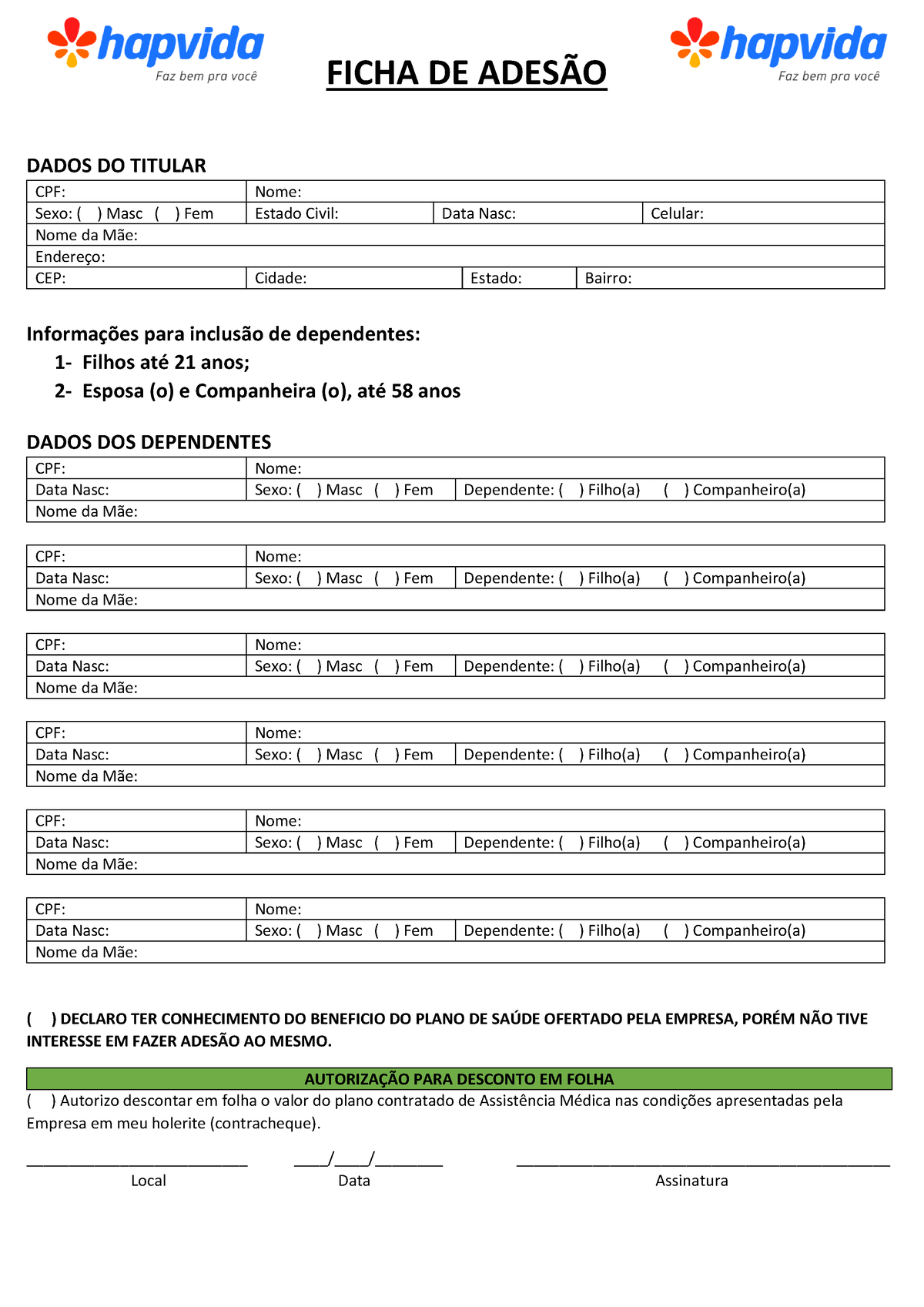Ficha De Adesão Hapvida Novadocx Ficha De AdesÃo Dados Do Titular Cpf Nome Sexo 5335