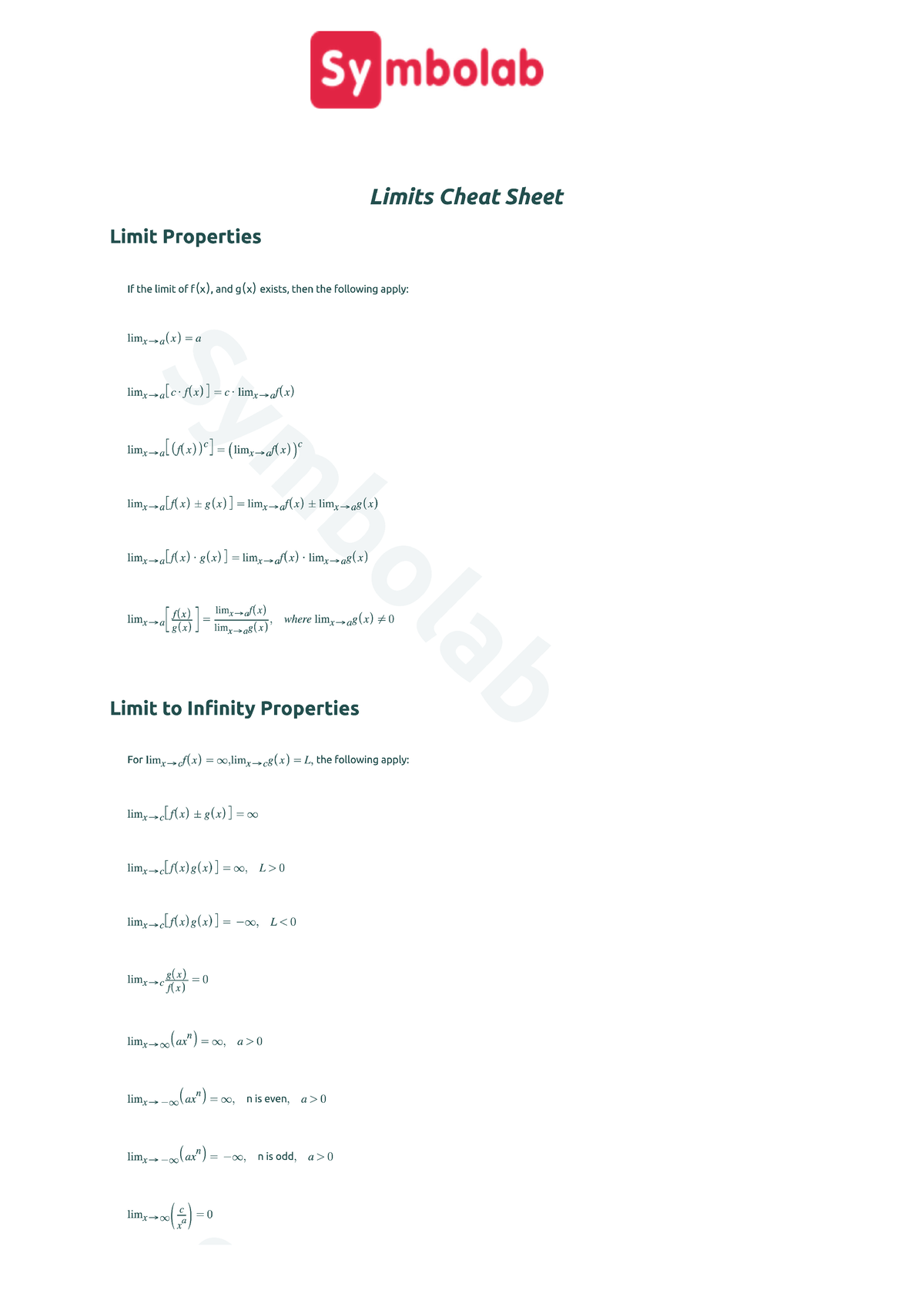 Symbolab - Cheat Sheets - University Mathematics I - Studocu