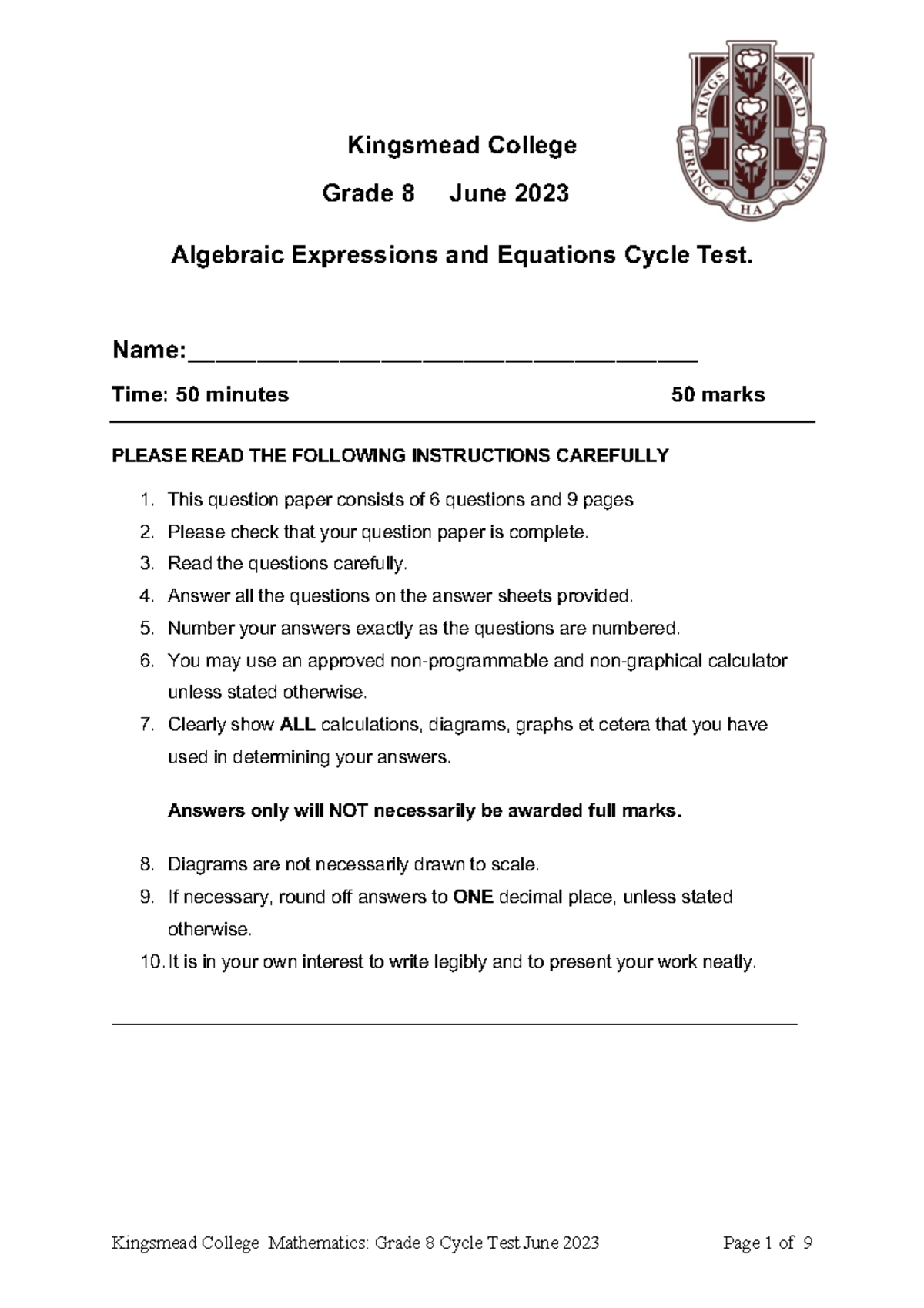 Algebraic Expressions and Equations - Name ...