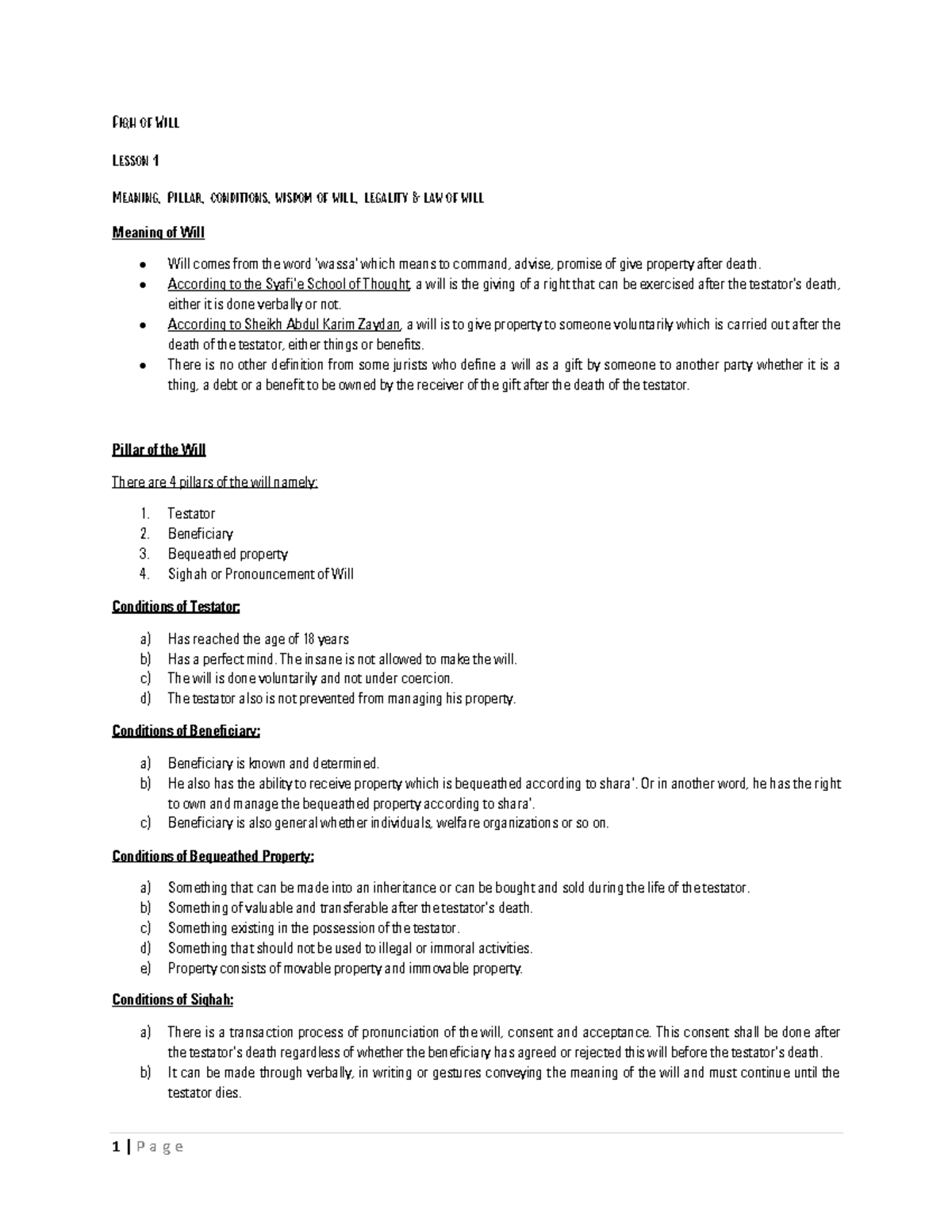 Will notes - fiqh of will - Fiqh of Will Lesson 1 Meaning, Pillar ...