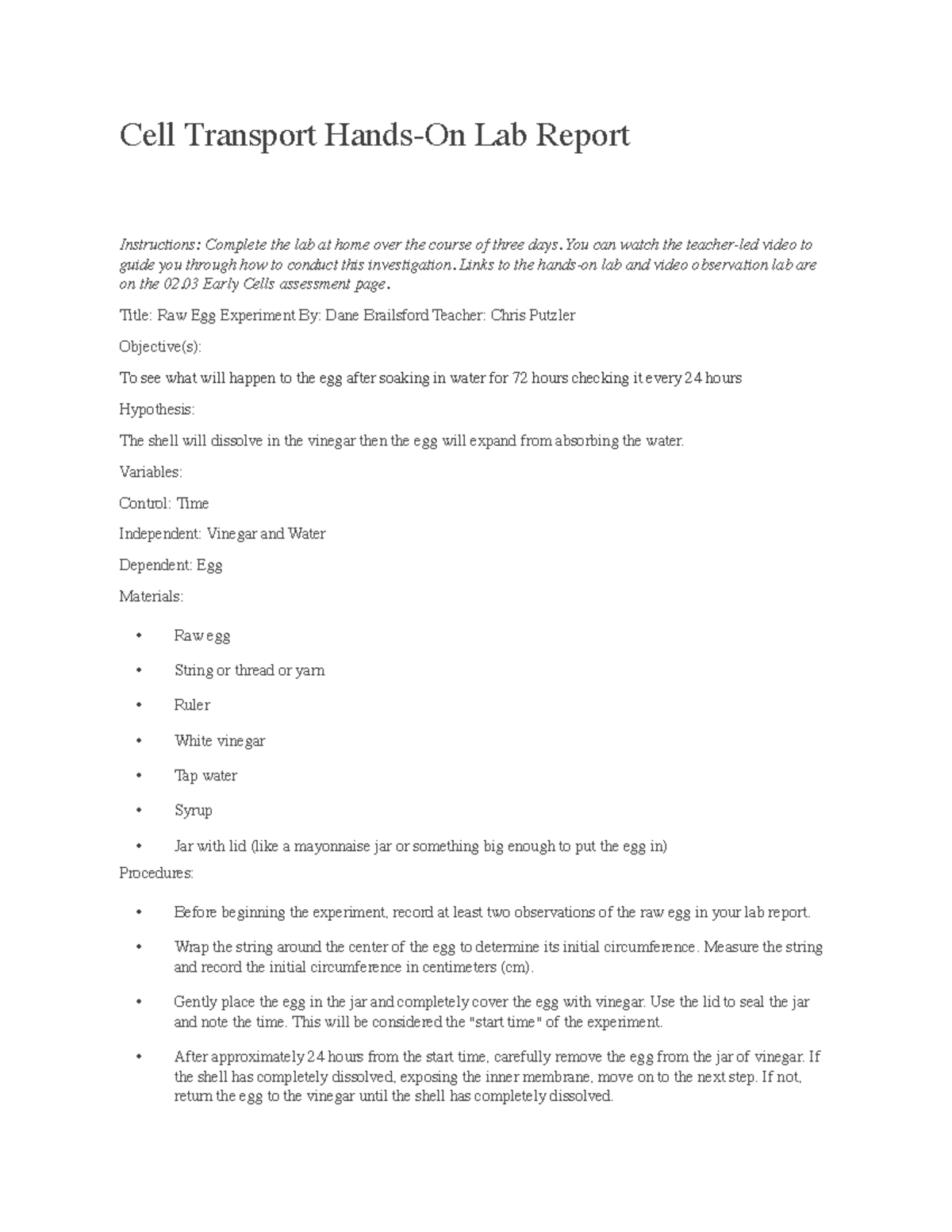 cell transport lab report egg hypothesis