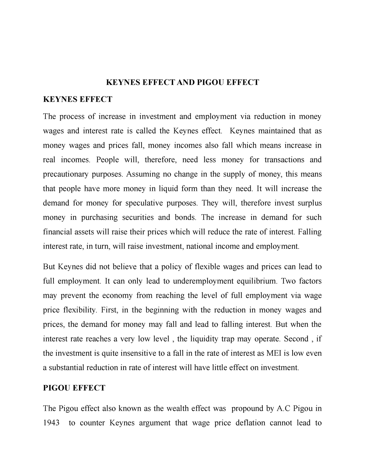 Keynes Effect AND Pigou Effect - KEYNES EFFECT AND PIGOU EFFECT KEYNES ...